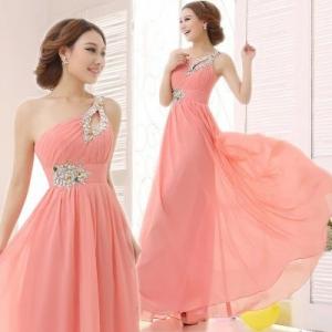China Chiffon Long Pink Bridesmaid Dress Double Shoulder Straps Beading Sash Toast Dress supplier