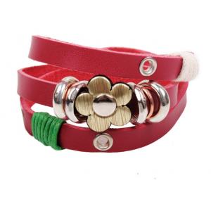 Triple wrap red leather bracelets brass flower charm