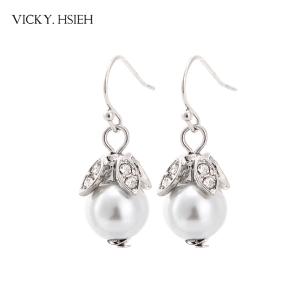 VICKY.HSIEH Rhodium Tone Crystal Rhinestone Faux Pearl Drop Earrings for Women