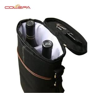 China Custom Black Carry 2 Bottle Packing Polyester Thermal Collapsible Wine Bottle Carrier Cooler Bag With Dividers supplier