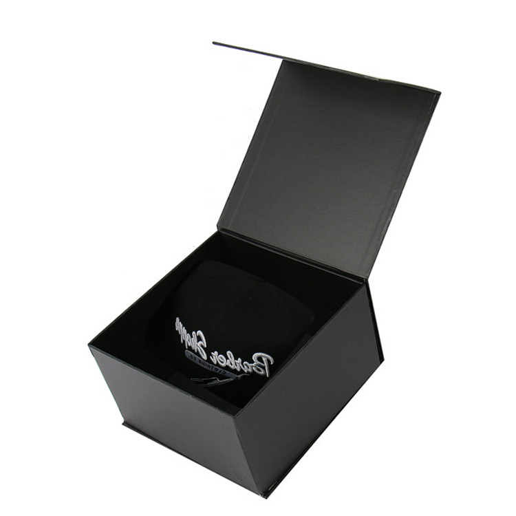 Wholesale Custom Size Matte Black Magnetic Folding Baseball Cap Packaging Box with Hot Stamping and Free Design