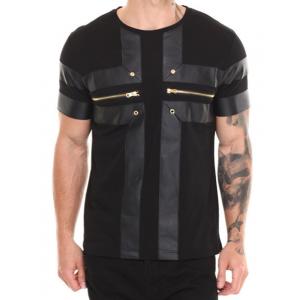 China Men tshirt design with zipper and leather scoop neck t shirt for men supplier