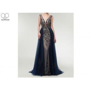 China Tulle V Neck Ball Gown Backless / Long Tail Navy Blue Beaded Prom Dress supplier