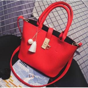 2016 spring new European and American fashion buckle embossed leather shoulder bag women tassel pearl pendant