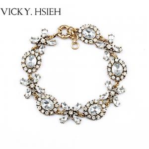 VICKY.HSIEH Gold Ox Tone Ellipse Clear Crystal Flower Design Link Bracelet