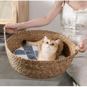 Natural Handmade Braided Cattail Bamboo Cat Bed With Soft Cushion