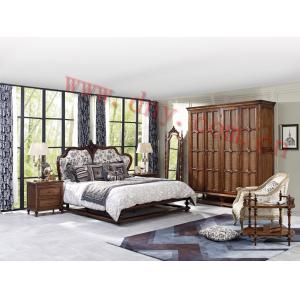 Antique American style solid wood bed, night stands, wardrobe and leisure chair in bedroom
