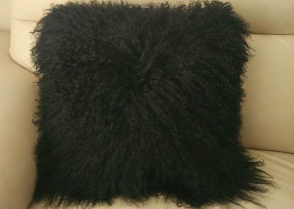 Mongolian fur pillow TIBETAN MONGOLIAN SHEEPSKIN FUR CUSHION BLACK - 45cm