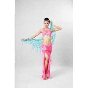 Pink Belly Dancing Clothes Erogenous Halter Neck Metallic Bras Side Split Maxi Skirt For Performance