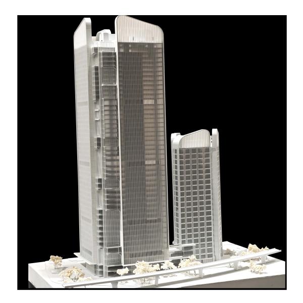 Maqueta arquitectónica de rascacielos gemelos, modelo urbano integrado, arquitectura