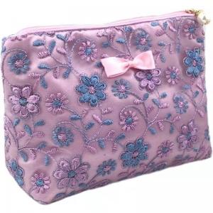 China Purple Flower Pattern Large Zipper Makeup Bag Lace Cloth Embroidery OEM supplier