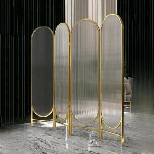 Collapsible Rotatable 3 Panel Metal Room Divider With Art Glass