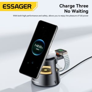 China ESSAGER OJD-132 折りたたみ式 4 in 1 15W マグネット式ワイヤレス充電スタンド ステーション LEDライト付き 時計 イヤホン 電話用 wholesale