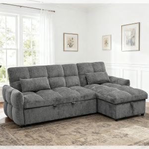 China L-Shaped Sectional Sleeper Sofa with Pull-Out Bed and Adjustable Backrest and Storage Chaise, Gray Chenille wholesale