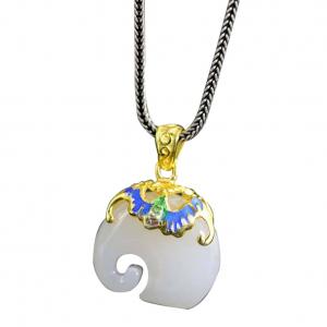 Gold Plated 925 Silver Enamel White Jade Elephant Pendant Necklace Silver Wheat Chain (DZ011124)