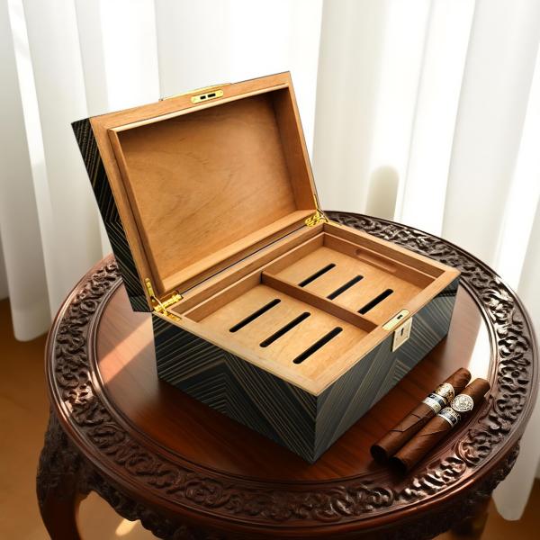 Caja de humidor de cigarro personalizada con humidificador ajustable de almacenamiento en capas e higrómetro digital