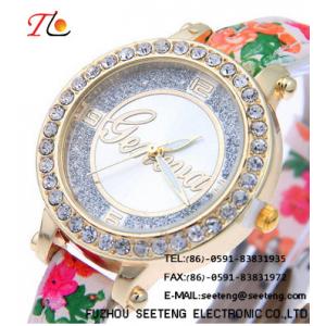 Flower printing PU leather strap and diamond inset case for ladies watch