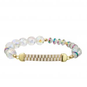 White Gold Striated Handmade Leather Bracelets With Clear Crystal And Rainbow Resin Beads