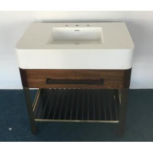 Single Sink walnut wood veneer with brass metal base and black metal slats shelf hotel bathroom vanity