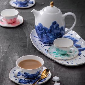 Multicolored  Traditional Brewing 1100cc Non Drip Blue Ceramic Teapot