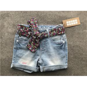 China Popular Light Wash Denim Shorts / Stretchy Jean Shorts With Printed Woven Fabric Belt supplier