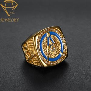 Gold Blue Lodge Stainless Steel Past Master Ring