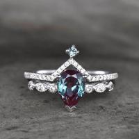 China Synthetic Alexandrite Stone Wedding Band Ring Set 925 Sterling Silver Jewelry on sale