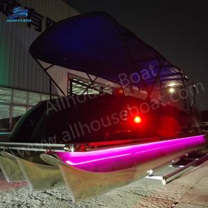 China Fiberglass Pontoon Boat with LED Navigation Lights Aluminum Hull and Single Layer Deck wholesale
