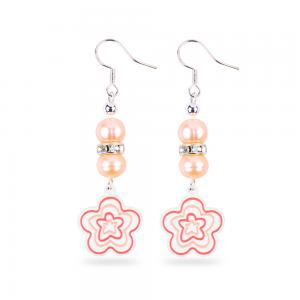 8mm Beads Pink Freshwater Pearls Dangle Hook Earrings Flower Charm