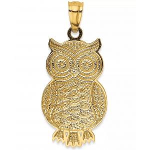 Textured Owl Charm Bead Pendant in 14K Gold with Rhodium Plating For Women