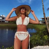 China Halter Swimming Suits Bikini with Removable Padding for Women white color lace on sale