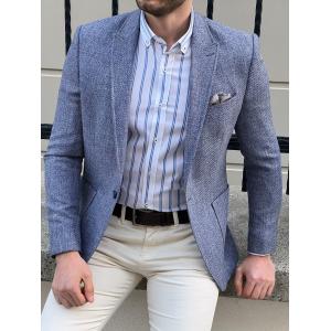 Slim Fit Self Patterned Blue Business Casual Blazer Outfit