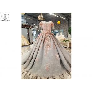 China Long Tailor Made Prom Dresses Short Sleeve Dresses Pink Flowers Grey Beading supplier