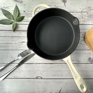 Cast Iron Enamel Coated Frying Pan Non Stick Durable Black Interior