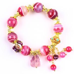 14mm Pink Agate Stone Bracelet With Purple Nine Tail Fox Carving