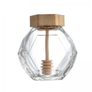 380ML Glass Honey Hexagon Jar With Wooden Cover And Wooden Splash Bar