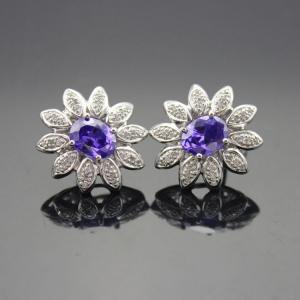 925 Silver Amethyst Cubic Zircon and Rhinestone Stud Earrings (E04)