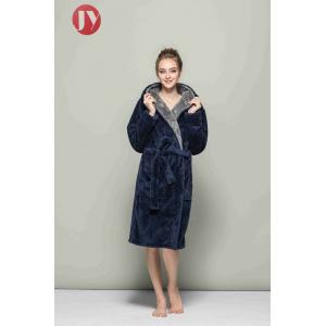 Fluffy Polyester Sherpa Fleece Hooded Robe , Unisex Full Length Warm Plush Bathrobe With Grey Kimono Collar