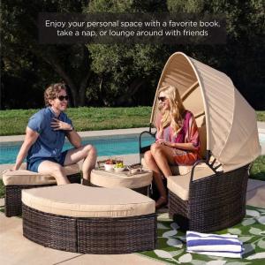 Modern Hotel Outdoor Furniture Patio Rattan Round Flip Top Daybed With Canopy Cushion For Backyard Porch