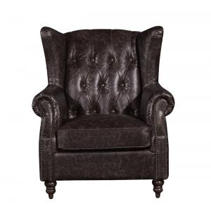 Retro Distressed Leather Winged Armchair , High Back Upholstered Chairs With Arms