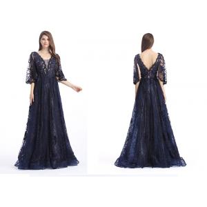 China Ladies Half Sleeves Navy Blue Prom Dresses , Long Formal Dresses With Hot Rhinestone supplier