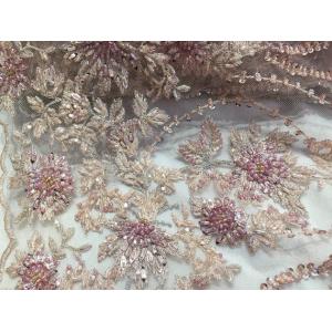 47 Inch Pink Embroidered Heavy Beaded Lace Fabric By The Yard With Scalloped Edge