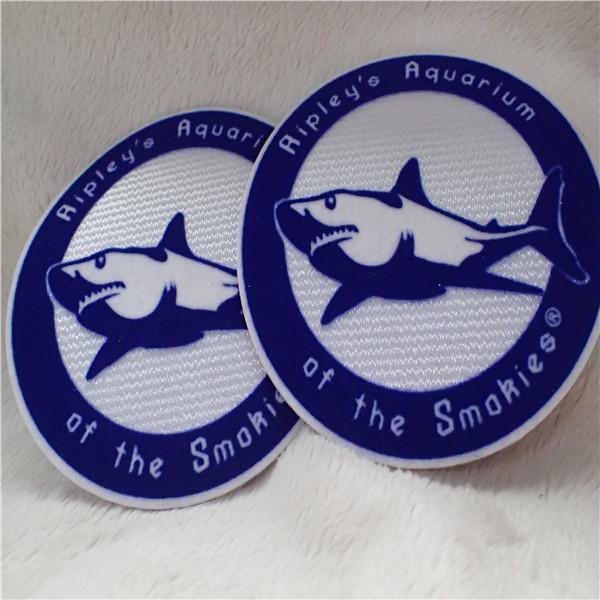 Double Color Round Shape Iron On Custom Patches Shark Logo Tatami Flocking With