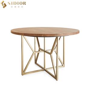120cm Natural Round Solid Wood Top Dining Table With Metal Legs