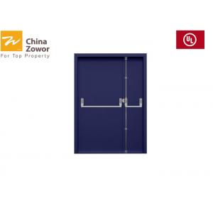 Grey steel fire safety door with push bar lock and fireproof glass