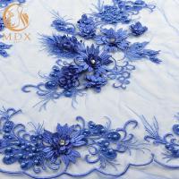 China MDX Royal Blue Lace Fabric / Beaded Bridal Lace Intricate Design on sale