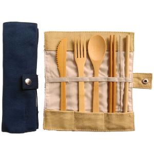 Portable Bamboo Travel Cutlery Set Chopsticks Spoon Straw Six Piece Cloth Bag Packing