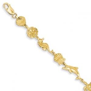 bracelete da vida marinha do ouro 14kt amarelo presentes ideais da joia fina do litoral de 7 polegadas para o presente das mulheres ajustado do coração