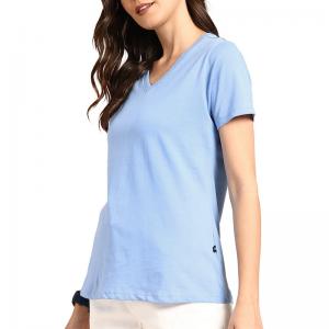 Hot Sale Custom Logo Blue Deep V neck Pure Cotton Short Sleeve Shirts For Women