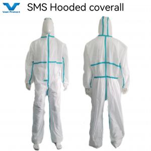 OEM 55GSM-70GSM SMS Nonwoven Hooded Coverall with Blue/Green/Custom Stick Strip